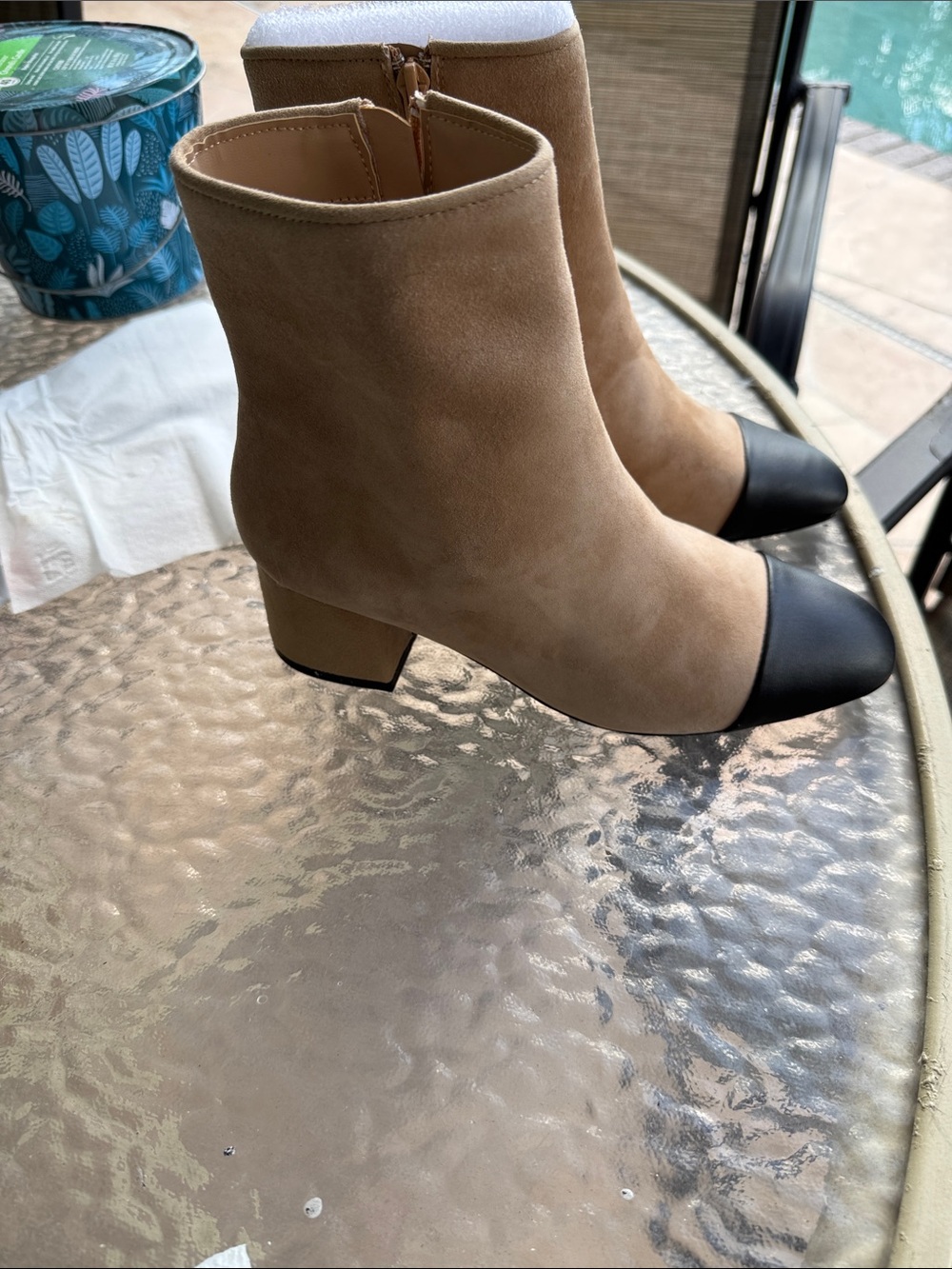 Steve Madden Beige Suede Ankle Boots with Black Cap Toe